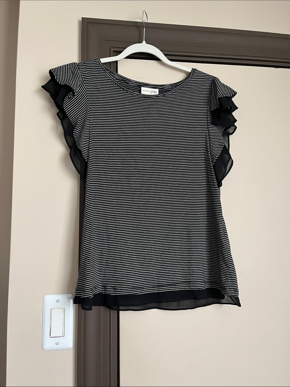 Maison Jules Black & White Striped Ruffle Sleeve Blouse